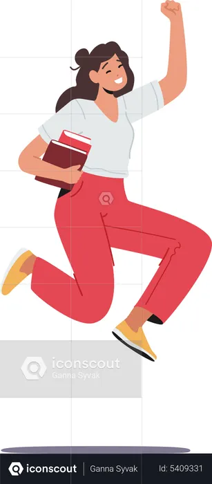 Happy Student Female Jumping with Textbooks in Hand  Illustration