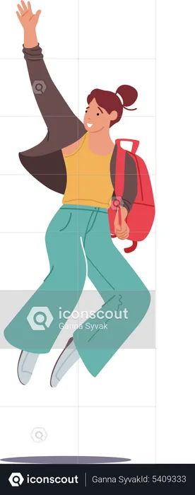 Happy Student Girl Jumping with Backpack  Illustration