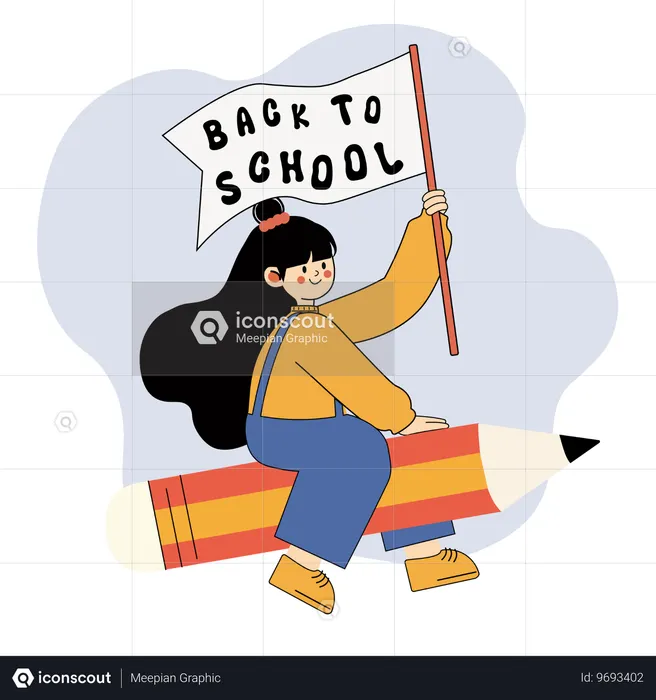 Happy Student Riding a Giant Pencil with a 'Back to School' Flag  Illustration