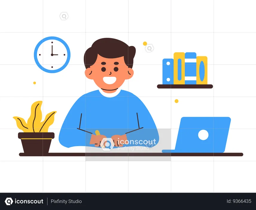 Happy Student Studying at Home with Laptop  Illustration