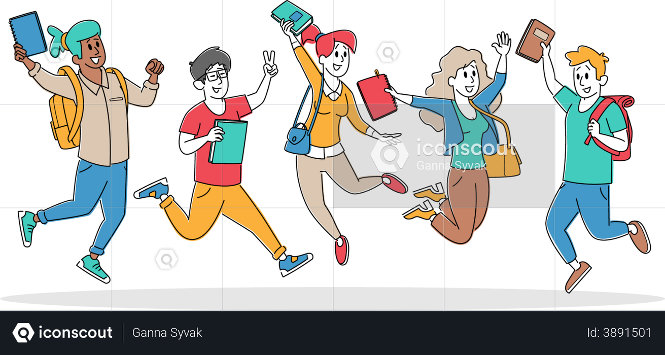 Happy Students Jumping with Backpacks and Textbooks Illustration