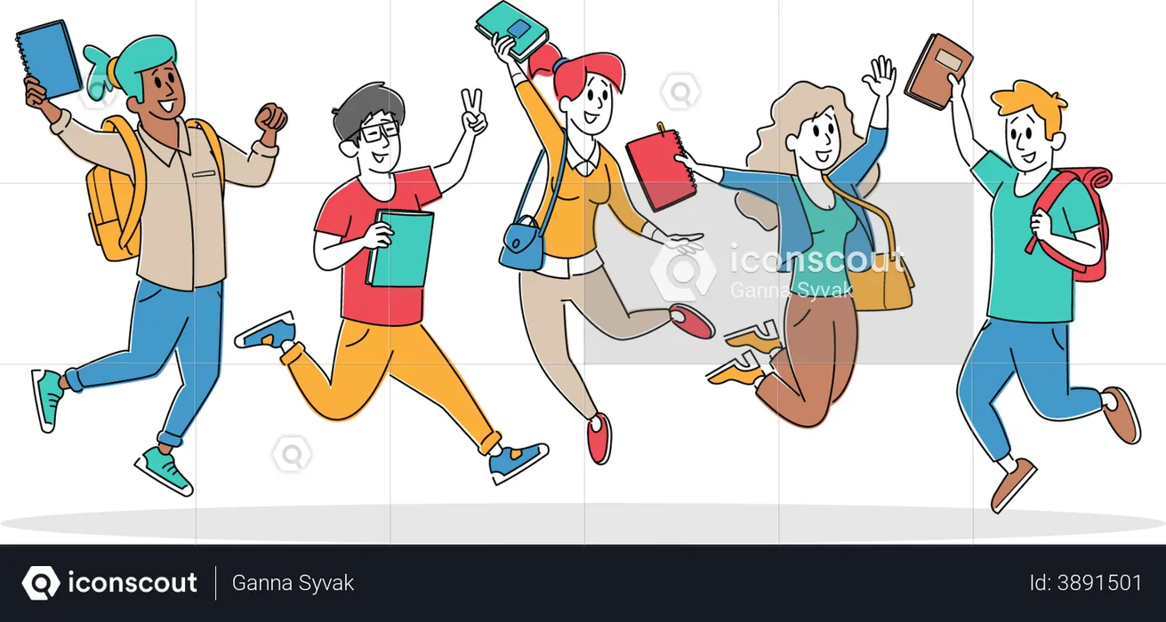 Happy Students Jumping with Backpacks and Textbooks  Illustration