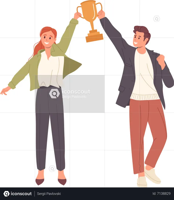 Happy successful business man and woman holding trophy cup golden  Illustration