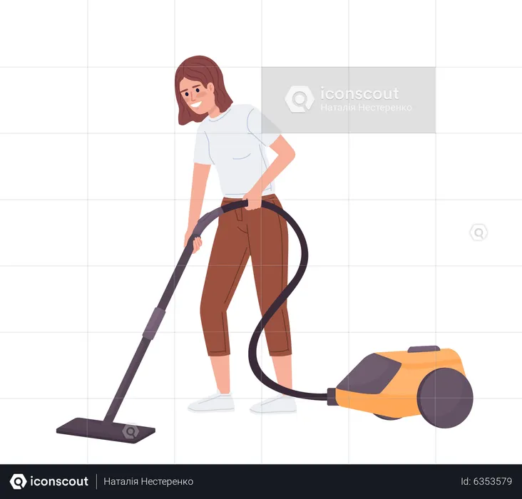 Happy teen girl vacuuming floor  Illustration