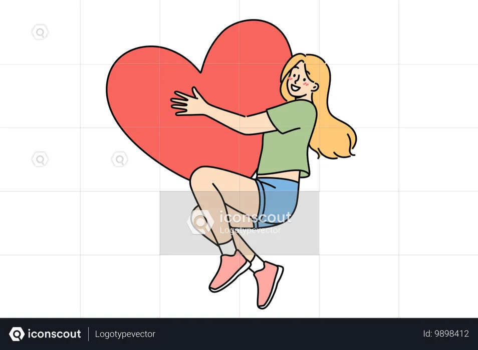 Happy teenage girl hugs large heart-shaped valentine card rejoicing at coming of February holiday  Illustration