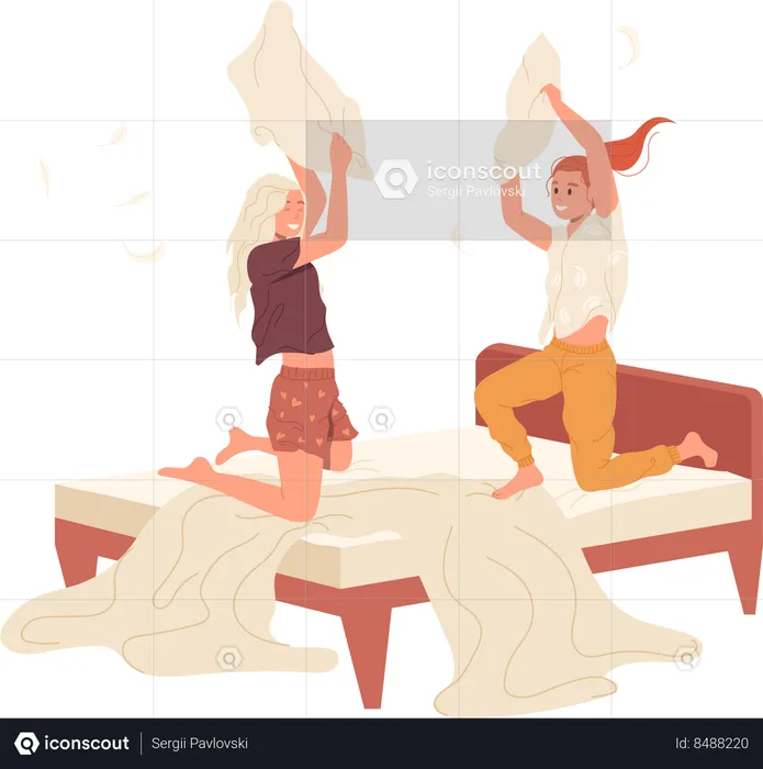 Happy teenage girls fighting pillow jumping on bed playing in bedroom  Illustration