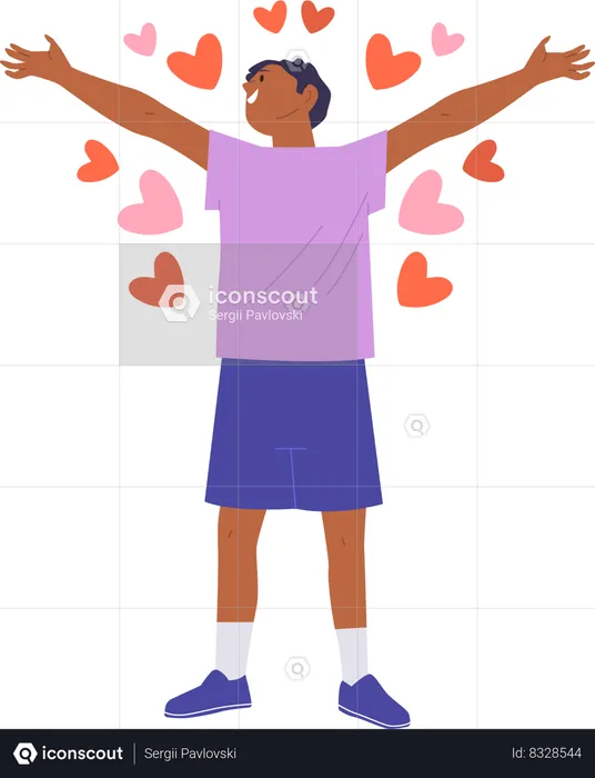 Happy teenager boy sharing loving with lots of hearts  Illustration