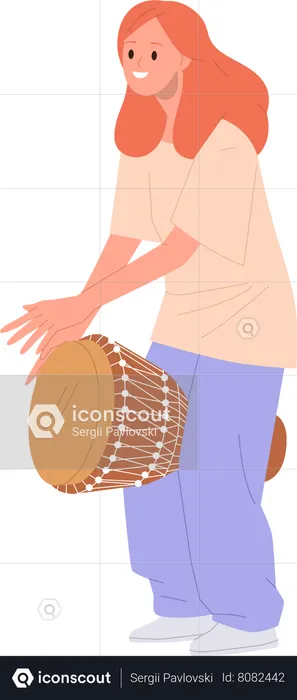 Happy teenager girl musician playing djembe drum  Illustration