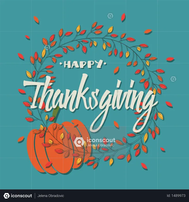 Happy Thanksgiving day card with decorative elements, floral wreath and pumpkin, colorful design  Illustration