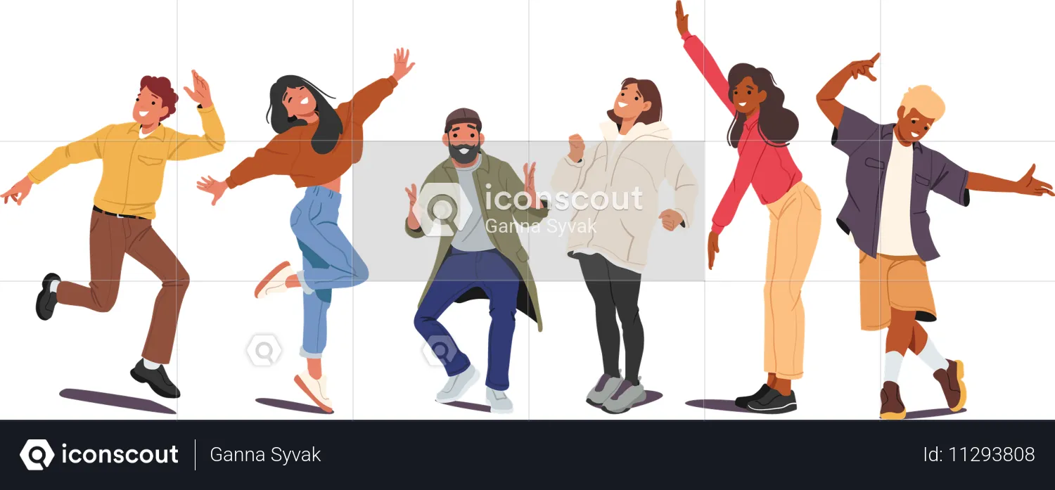 Happy trendy fashion guys and girls standing in row  Illustration