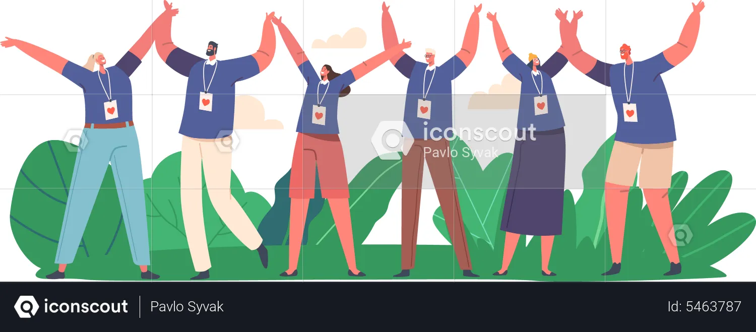 Happy Volunteers Team Stand Together with Raised Arms  Illustration