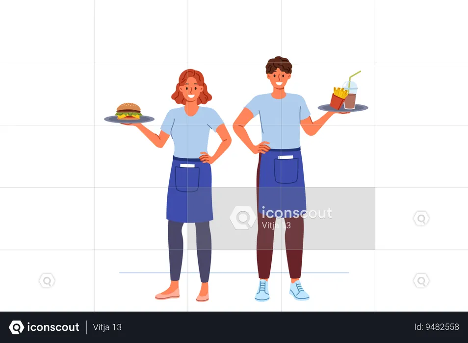 Happy waiters from fast food restaurant work together to deliver customers order  Illustration