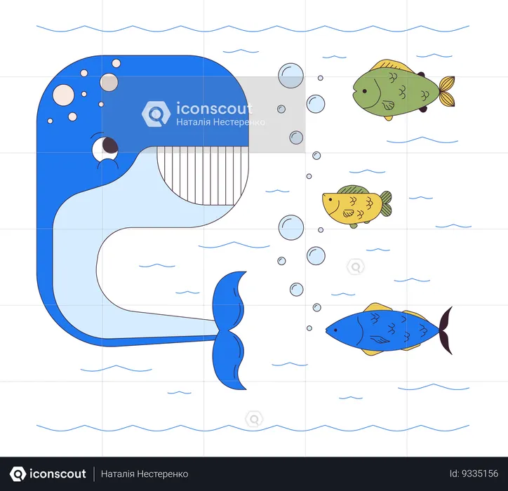 Happy whale with fishes underwater s  Illustration