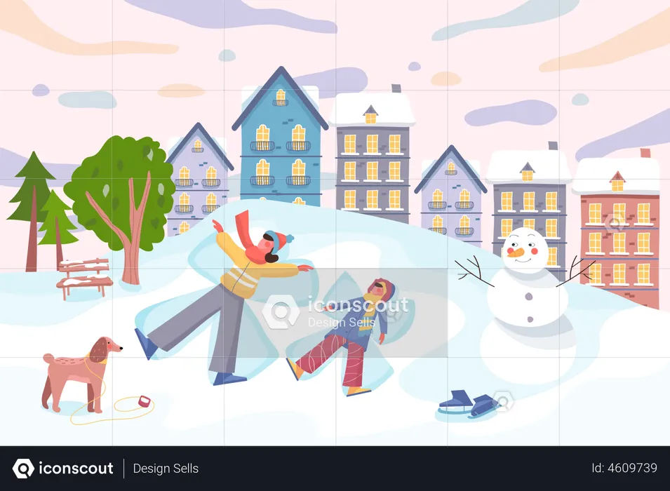 Happy winter and family activity  Illustration