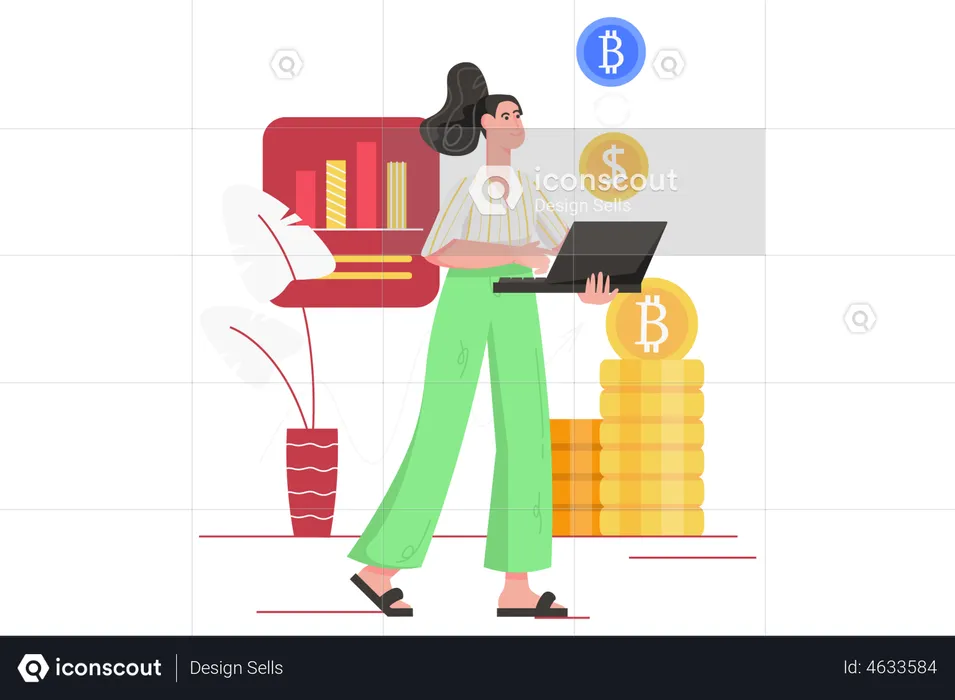 Happy woman buys and sells bitcoins  Illustration