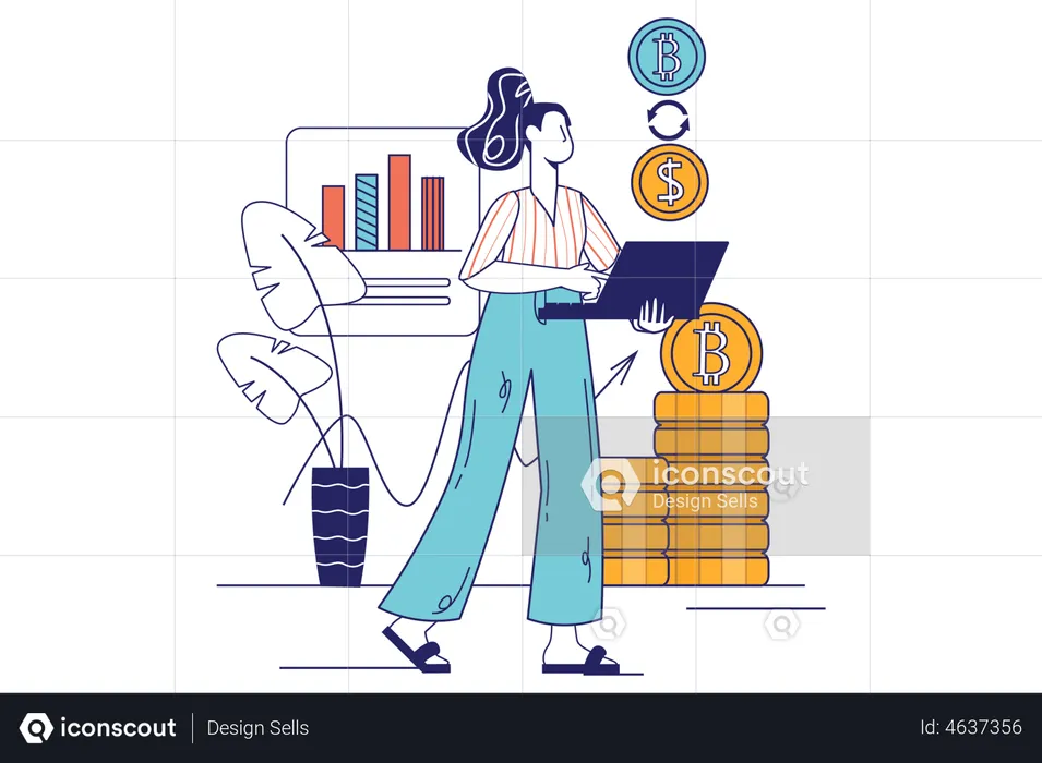 Happy woman buys and sells bitcoins  Illustration