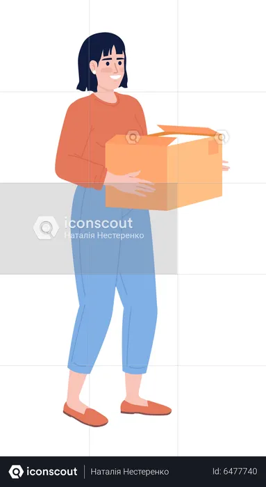 Happy woman carrying open cardboard box  Illustration