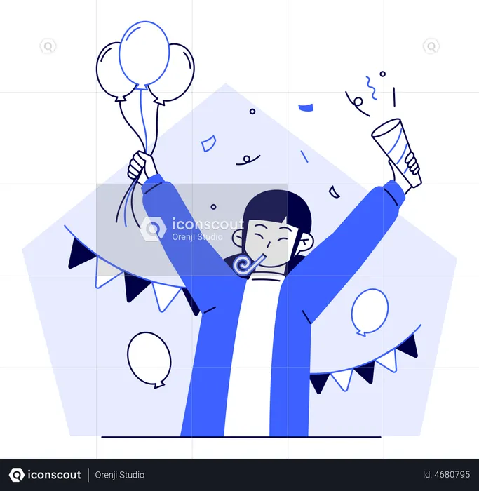 Happy Woman Celebrating Event With Balloon And Confetti  Illustration