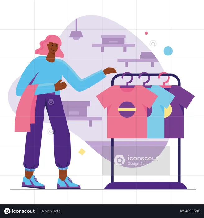 Happy woman chooses clothes in modern showroom  Illustration