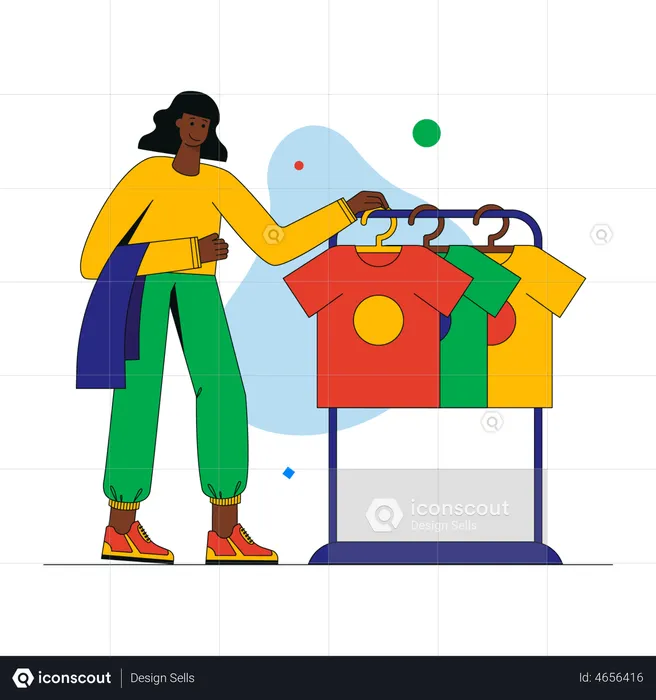 Happy woman chooses clothes in modern showroom  Illustration