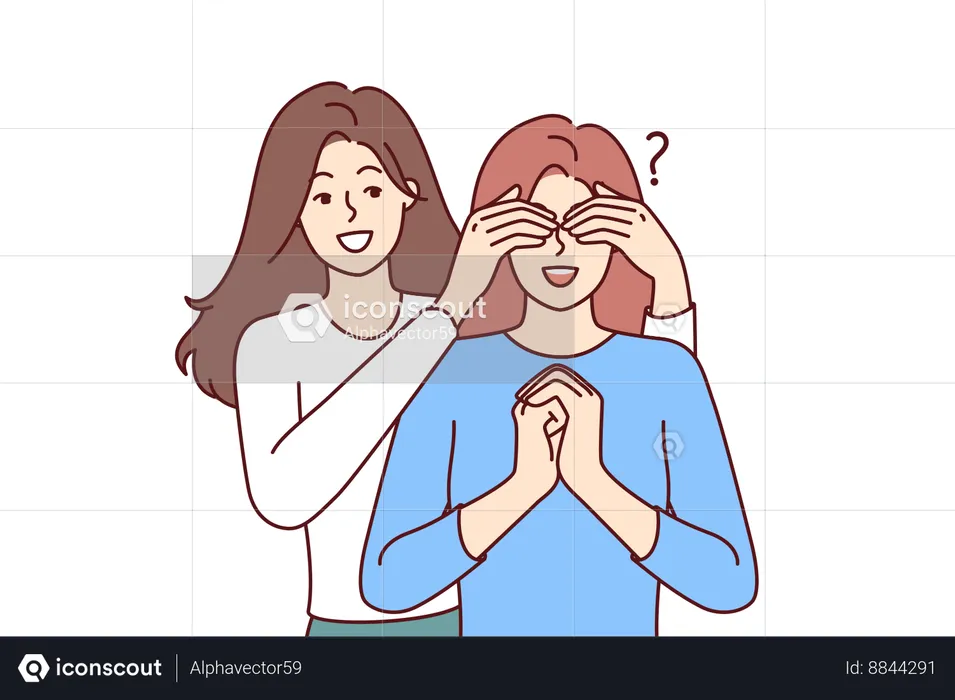 Happy woman closes sisters eyes  Illustration