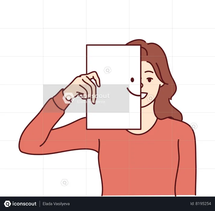 Happy woman covers half of face with paper with smiling emoticon  Illustration