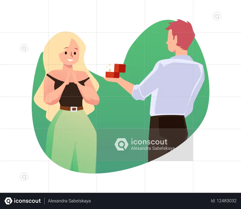 Happy woman getting box with engagement ring  Illustration