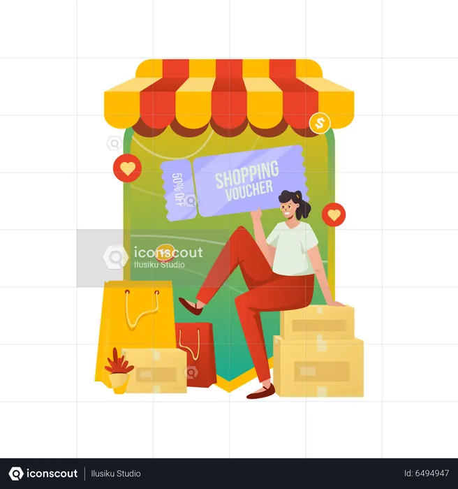 Happy woman getting shopping vouchers  Illustration