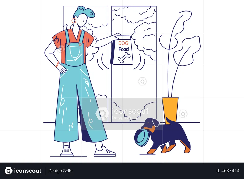 Happy woman holding bag of food and going to feed dog  Illustration