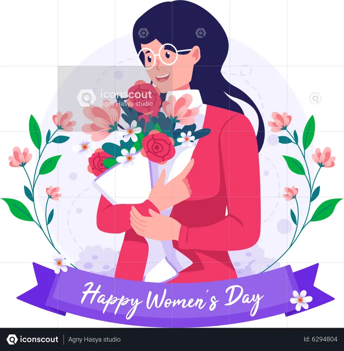 Happy woman holding bouquet of flowers  Illustration