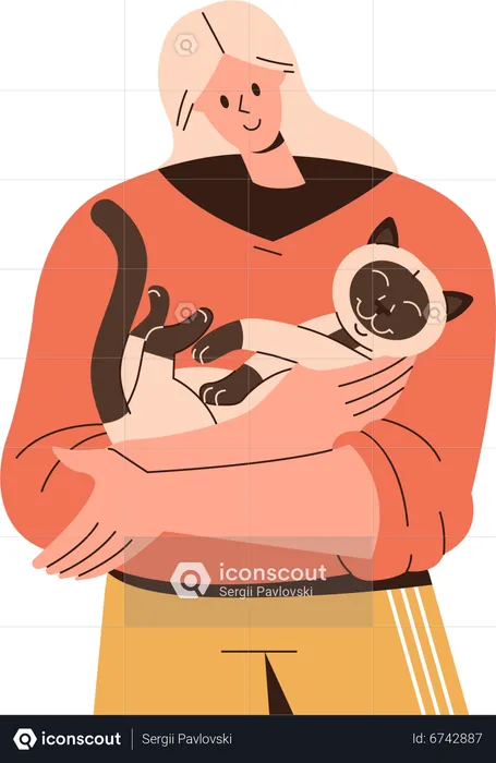 Happy woman holding cat in her arms  Illustration