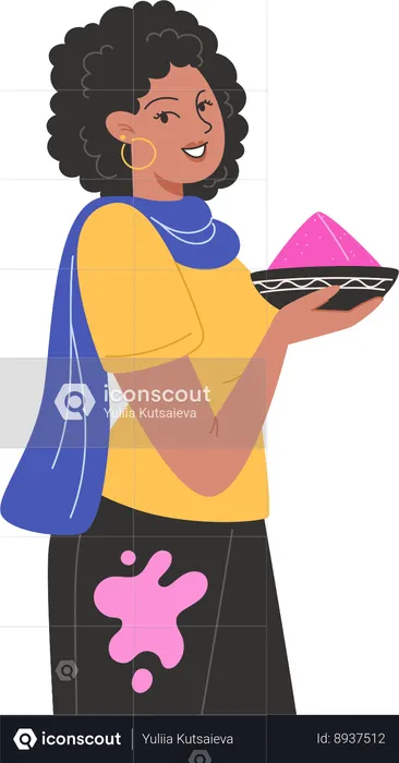 Happy woman holding color plate  Illustration
