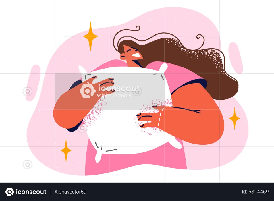 Happy woman holding pillow  Illustration