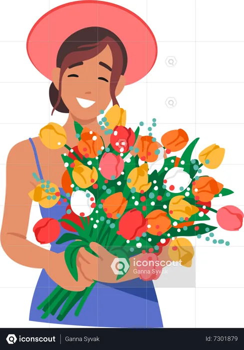 Happy Woman Holds Summer Flowers In Her Hands  Illustration
