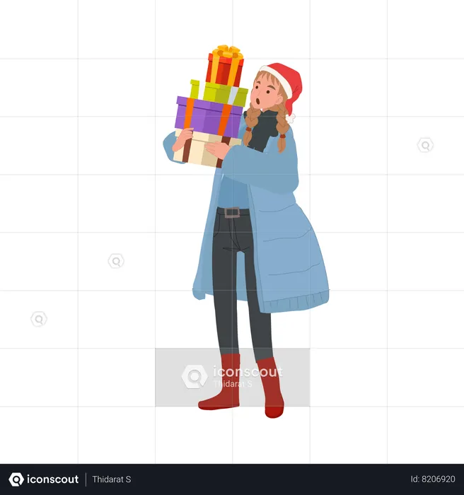 Happy Woman in Winter Attire with Gift Boxes  Illustration