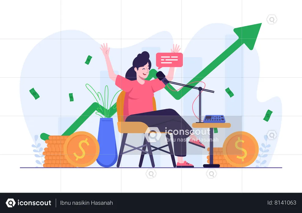 Happy woman make money from podcast audio  Illustration