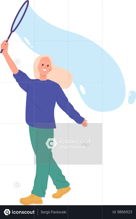Happy woman playing soap bubble  Illustration
