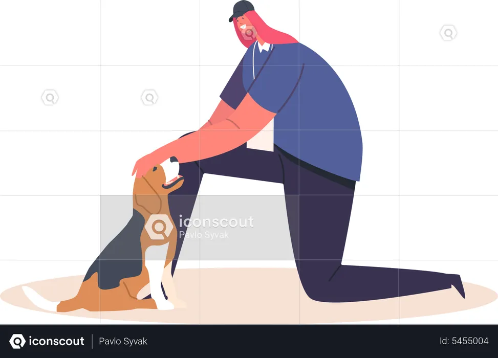 Happy Woman Playing with Dog  Illustration