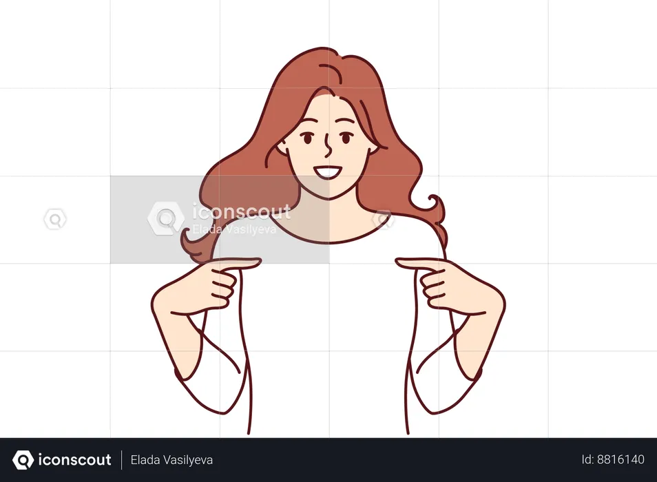 Happy woman pointing finger at t-shirt recommending good laundry  Illustration