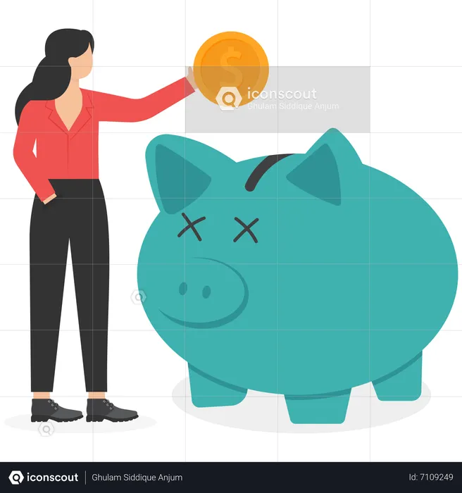 Happy Woman Puts Money In Piggy Bank  Illustration