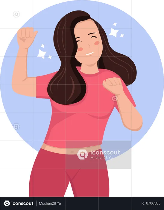 Happy woman raises her hands and tilts her head in cute dance pose  Illustration