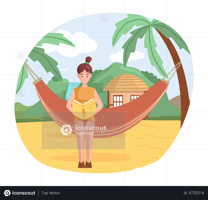Happy woman reading book on vacation  Illustration