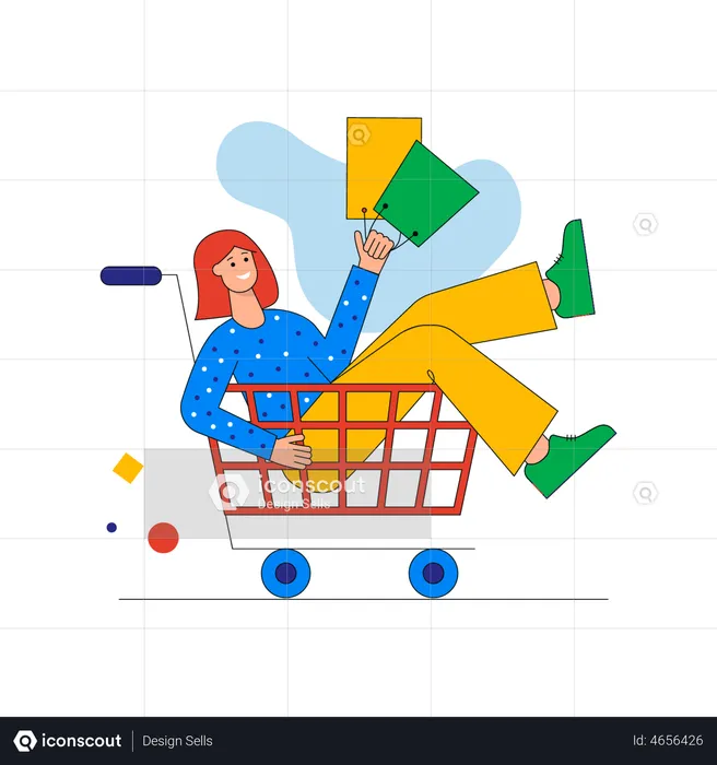 Happy woman rides in supermarket trolley with bags  Illustration