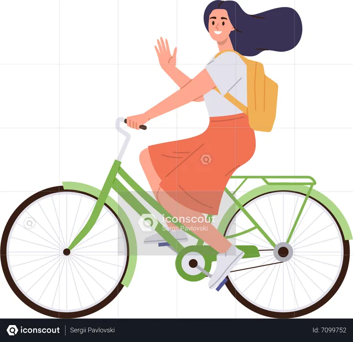 Happy woman riding bicycle travelling by eco friendly transport on weekend  Illustration
