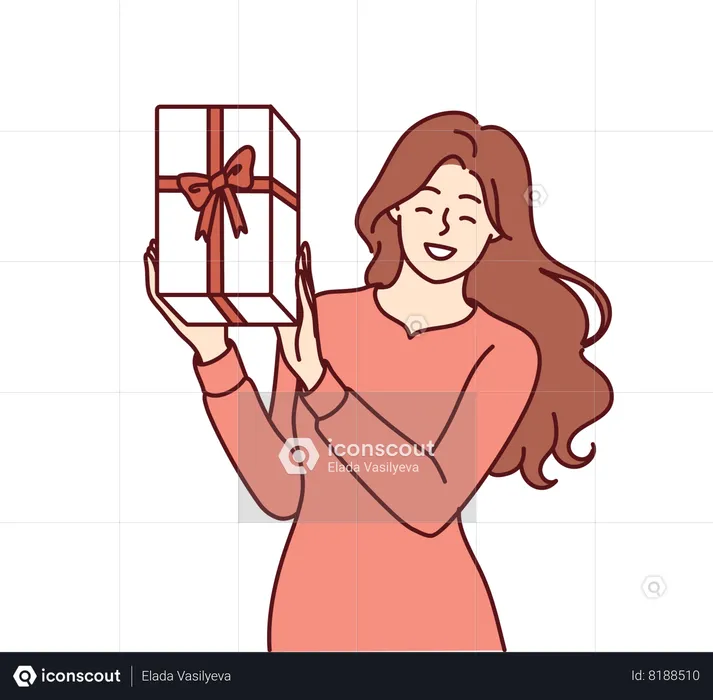 Happy woman shows gift box given by husband in her birthday  Illustration