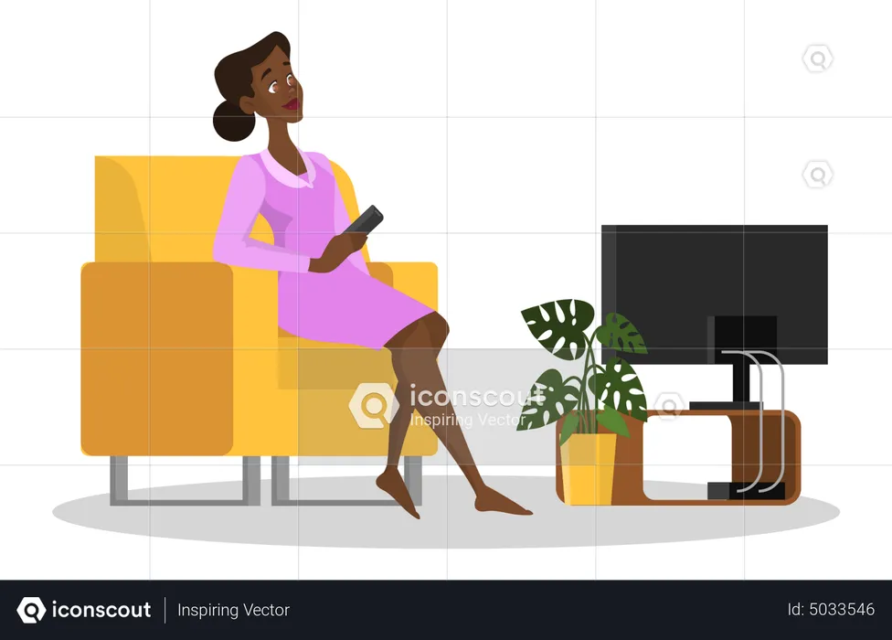 Happy woman sitting in the armchair and watch TV  Illustration