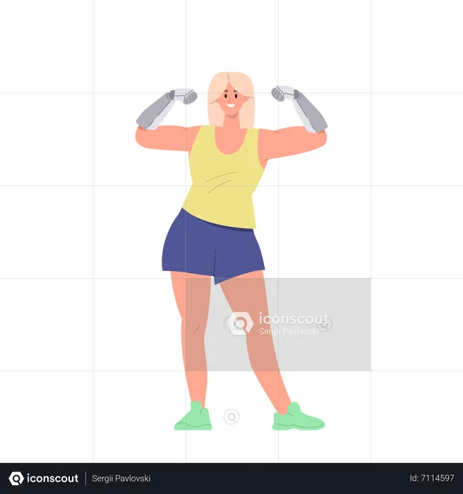Happy Woman Smiling And Posing Showing Power Strength Of New Bionic Arms Prosthesis  Illustration