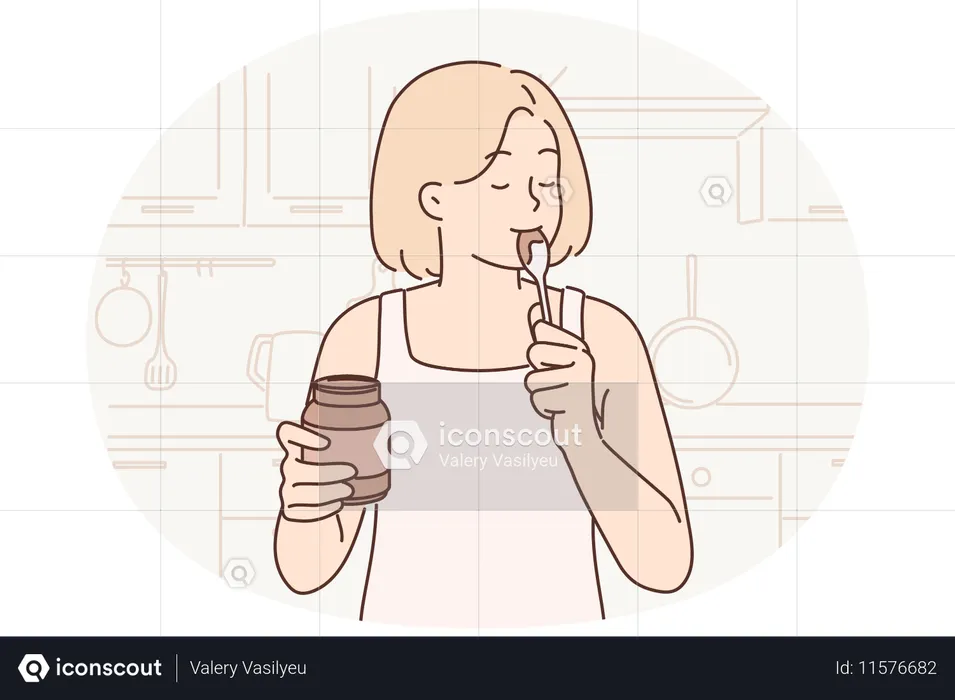 Happy woman stands in kitchen with jar of chocolate paste or peanut butter and licks spoon  Illustration