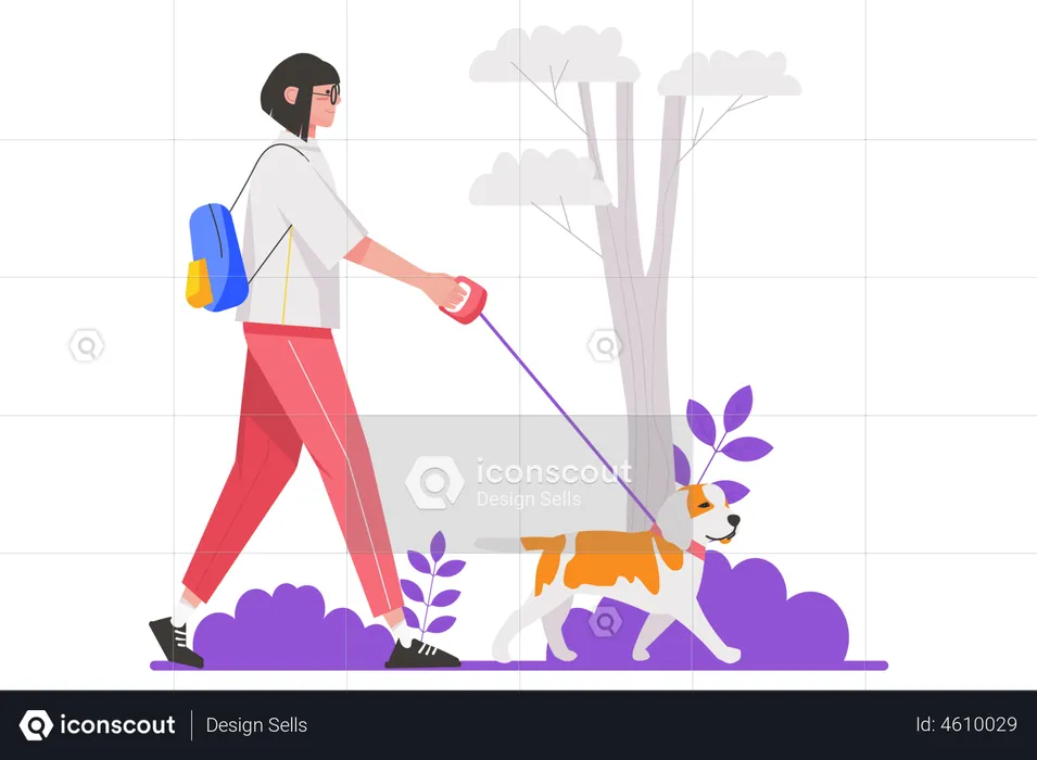 Happy woman walking her dog leash in city park  Illustration
