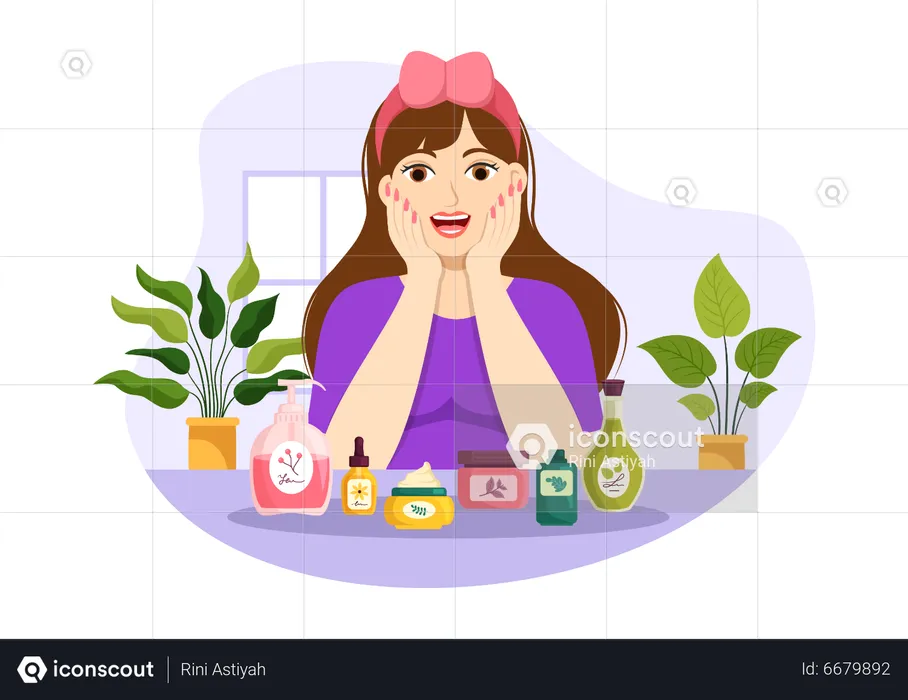 Happy woman with cosmetic product  Illustration